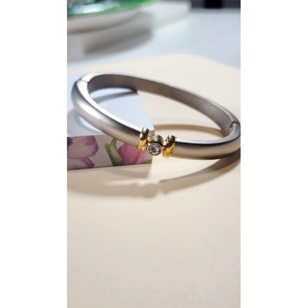 Vintage 80s 90sTwo Tone Hinged Bangle Bracelet Silver Gold Rhinestone Minimalist